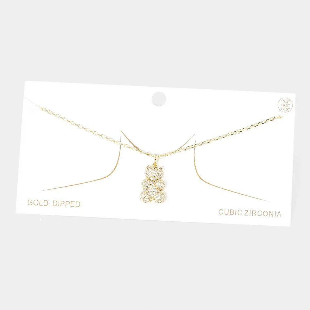 Gold Gold Dipped CZ Embellished Metal Bear Pendant Necklace - Jewelry Store by Erik Rayo