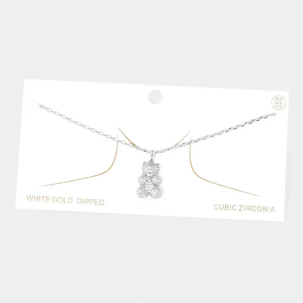 Gold White Gold Dipped CZ Embellished Metal Bear Pendant Necklace - Jewelry Store by Erik Rayo
