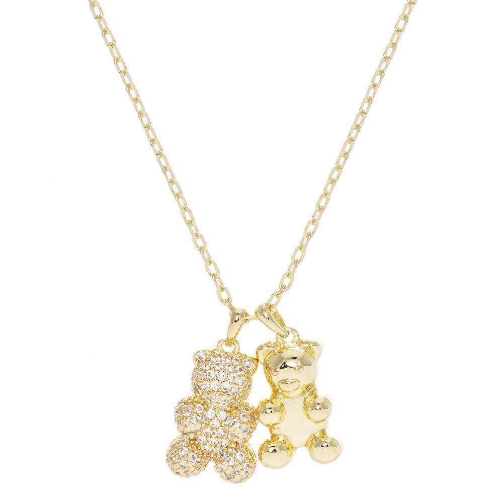 Gold Gold Dipped CZ Embellished Double Metal Bear Pendant Necklace - Jewelry Store by Erik Rayo