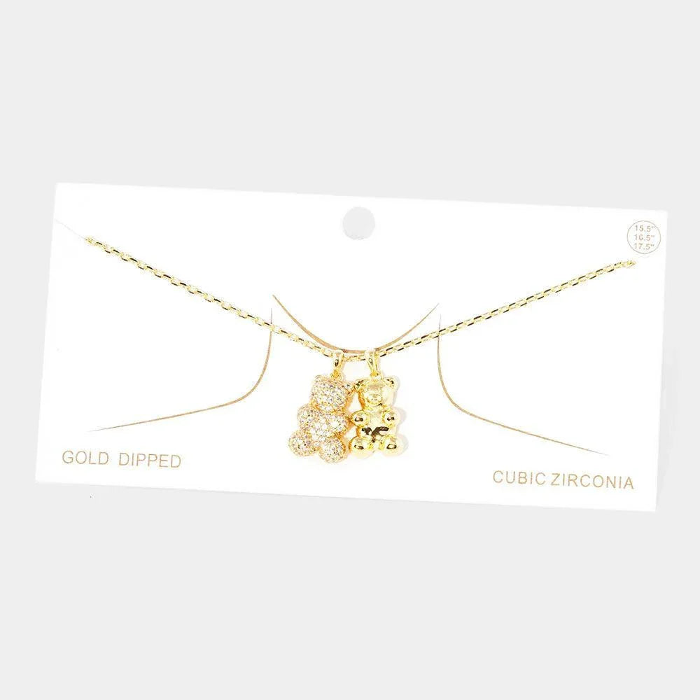 Gold Gold Dipped CZ Embellished Double Metal Bear Pendant Necklace - Jewelry Store by Erik Rayo
