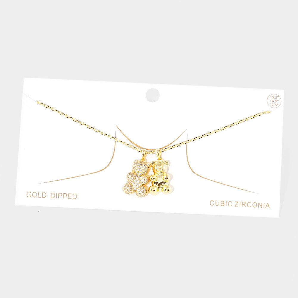 Gold Gold Dipped CZ Embellished Double Metal Bear Pendant Necklace