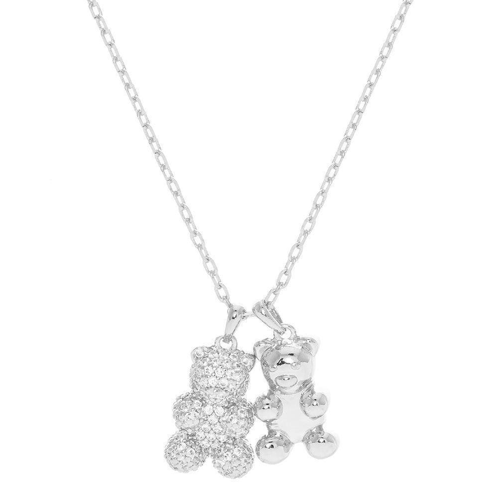 Gold White Gold Dipped CZ Embellished Double Metal Bear Pendant Necklace - Jewelry Store by Erik Rayo