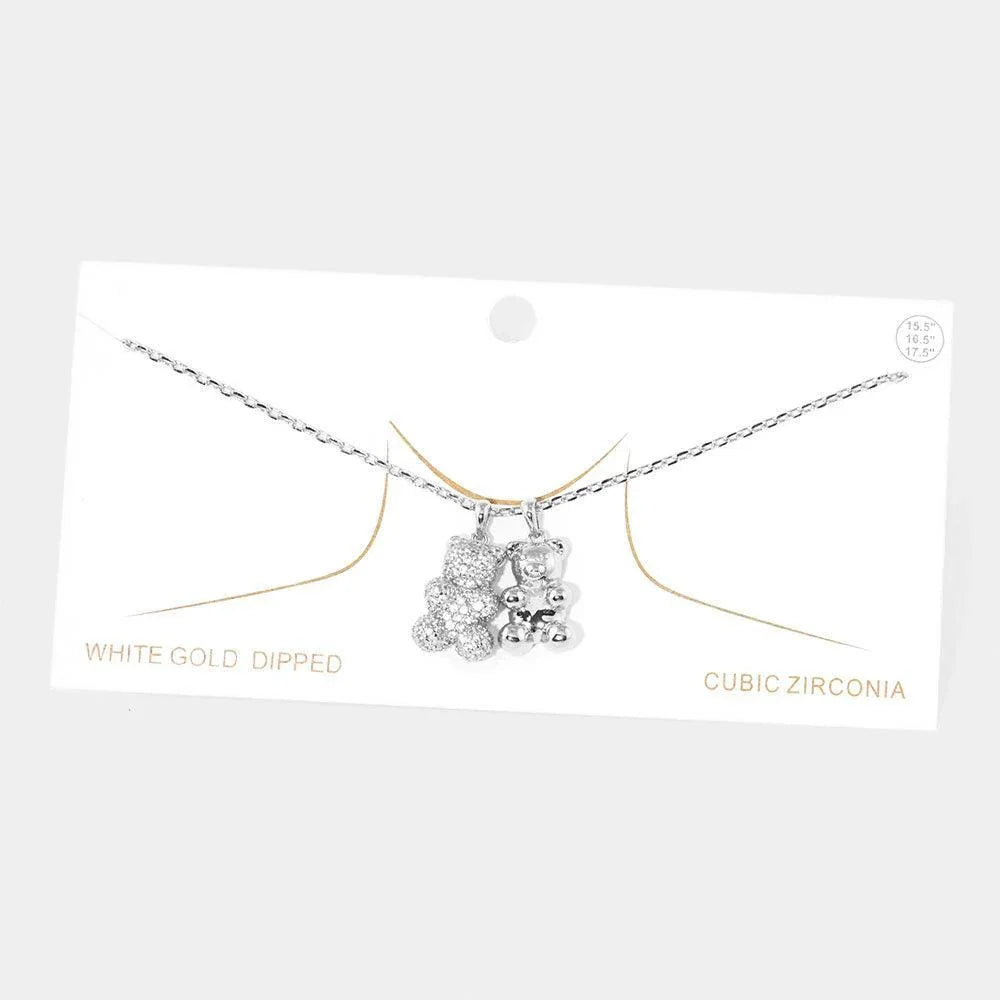 Gold White Gold Dipped CZ Embellished Double Metal Bear Pendant Necklace - Jewelry Store by Erik Rayo