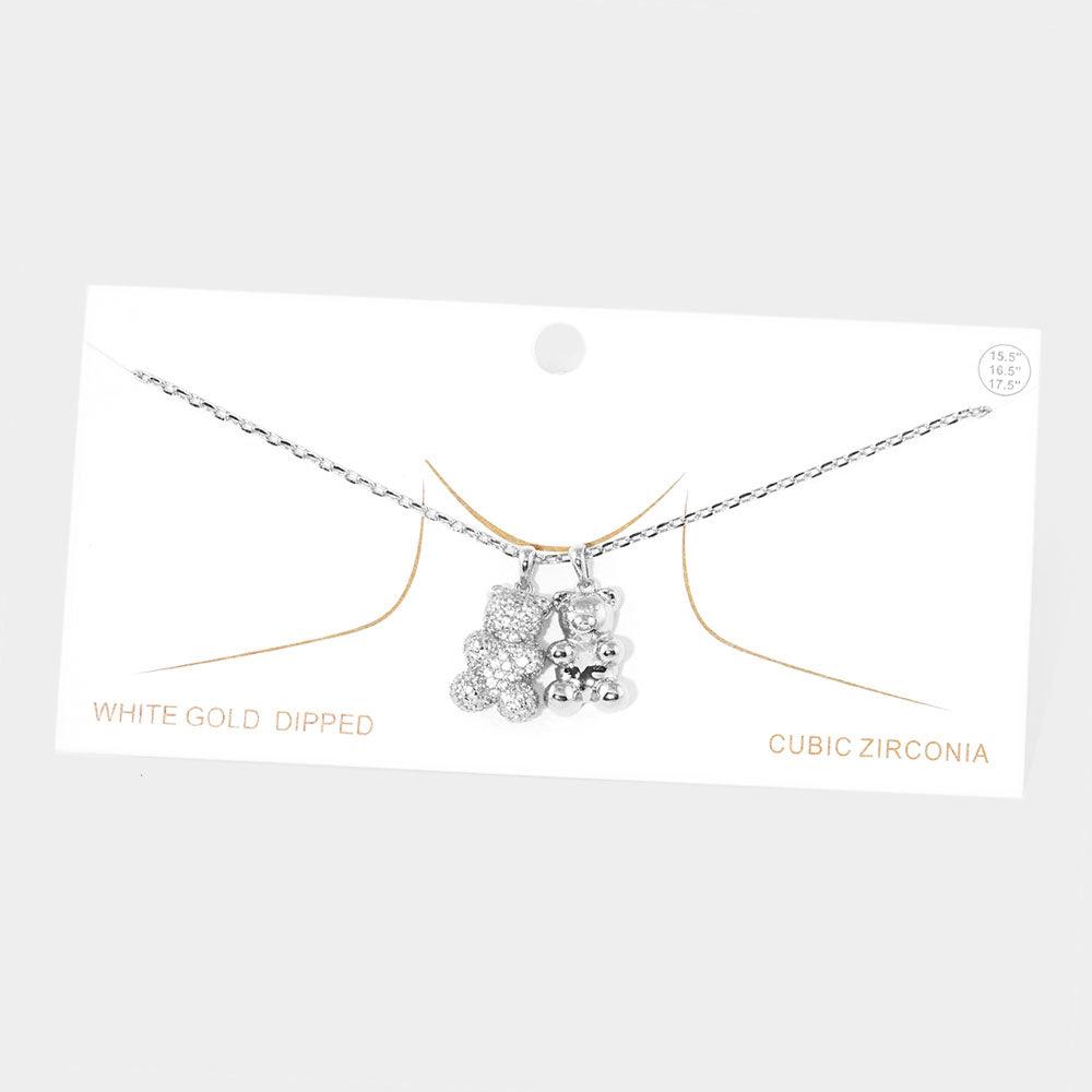 Gold White Gold Dipped CZ Embellished Double Metal Bear Pendant Necklace