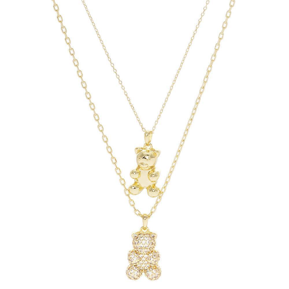 Gold Gold Dipped CZ Embellished Metal Bear Pendant Double Layered Necklace - Jewelry Store by Erik Rayo