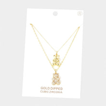 Load image into Gallery viewer, Gold Gold Dipped CZ Embellished Metal Bear Pendant Double Layered Necklace
