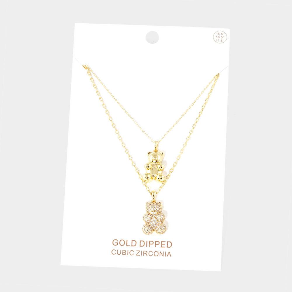 Gold Gold Dipped CZ Embellished Metal Bear Pendant Double Layered Necklace