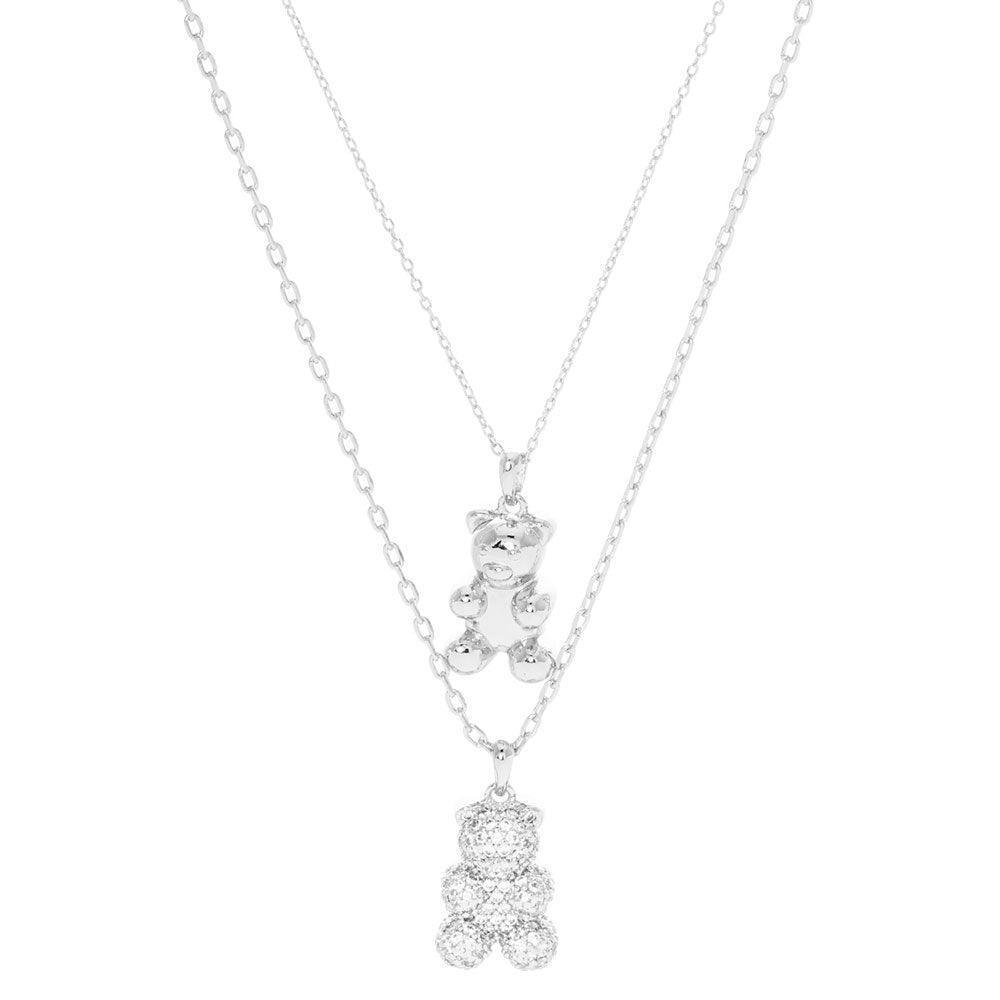 Gold White Gold Dipped CZ Embellished Metal Bear Pendant Double Layered Necklace - Jewelry Store by Erik Rayo