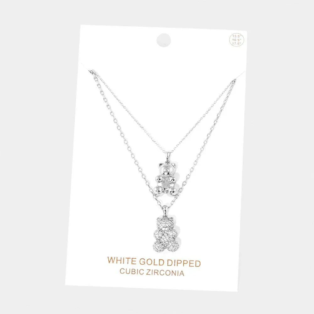 Gold White Gold Dipped CZ Embellished Metal Bear Pendant Double Layered Necklace - Jewelry Store by Erik Rayo