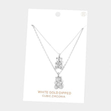 Load image into Gallery viewer, Gold White Gold Dipped CZ Embellished Metal Bear Pendant Double Layered Necklace
