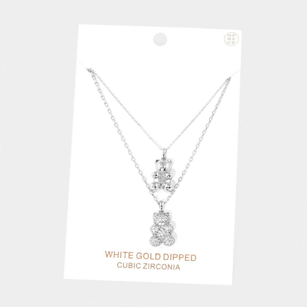 Gold White Gold Dipped CZ Embellished Metal Bear Pendant Double Layered Necklace