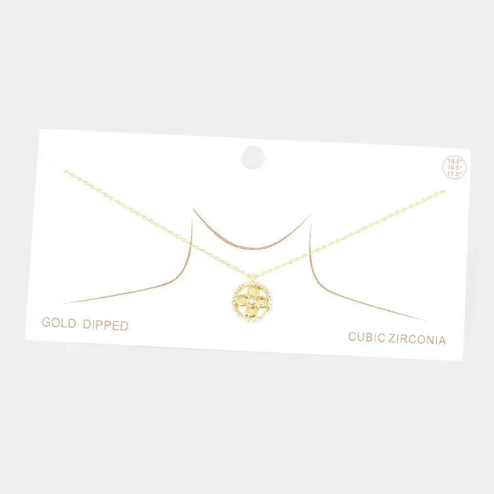 Gold Gold Dipped CZ Centered Metal Quatrefoil Round Pendant Necklace - Jewelry Store by Erik Rayo