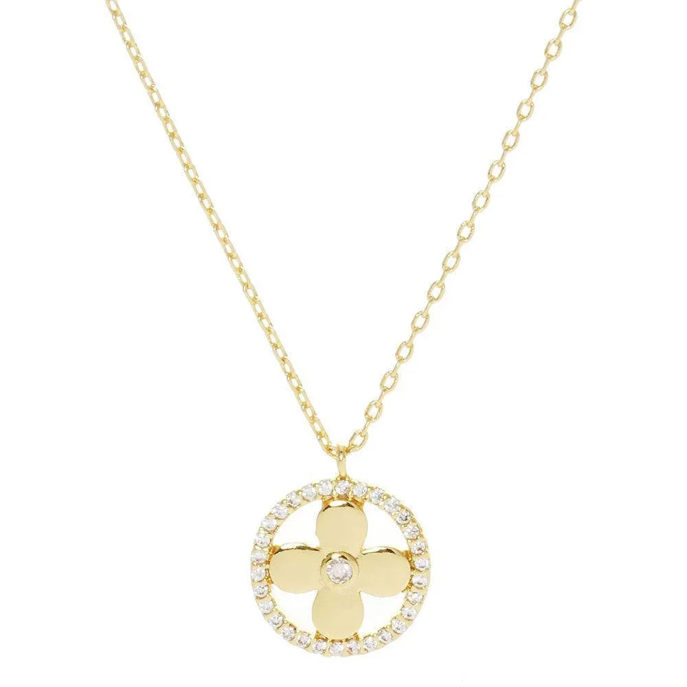 Gold Gold Dipped CZ Centered Metal Quatrefoil Round Pendant Necklace - Jewelry Store by Erik Rayo