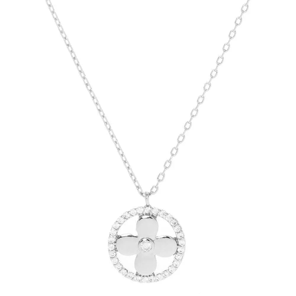 Gold White Gold Dipped CZ Centered Metal Quatrefoil Round Pendant Necklace - Jewelry Store by Erik Rayo