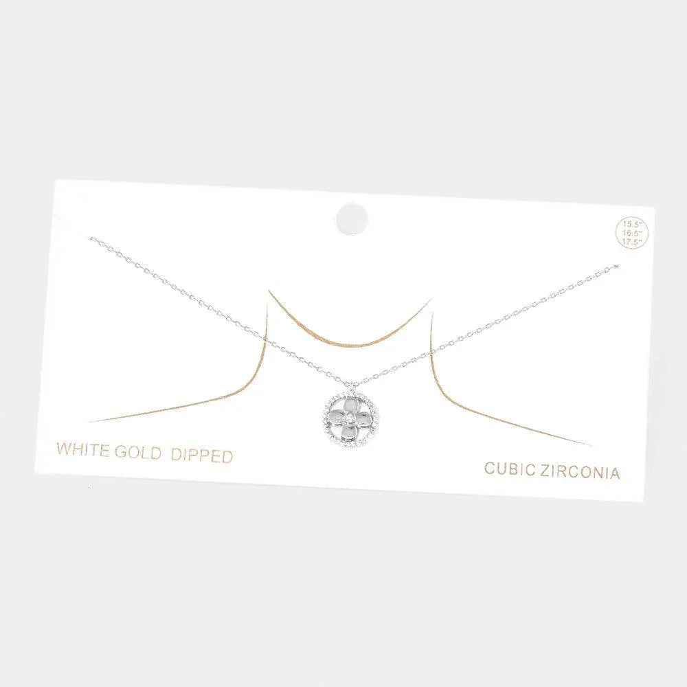 Gold White Gold Dipped CZ Centered Metal Quatrefoil Round Pendant Necklace - Jewelry Store by Erik Rayo
