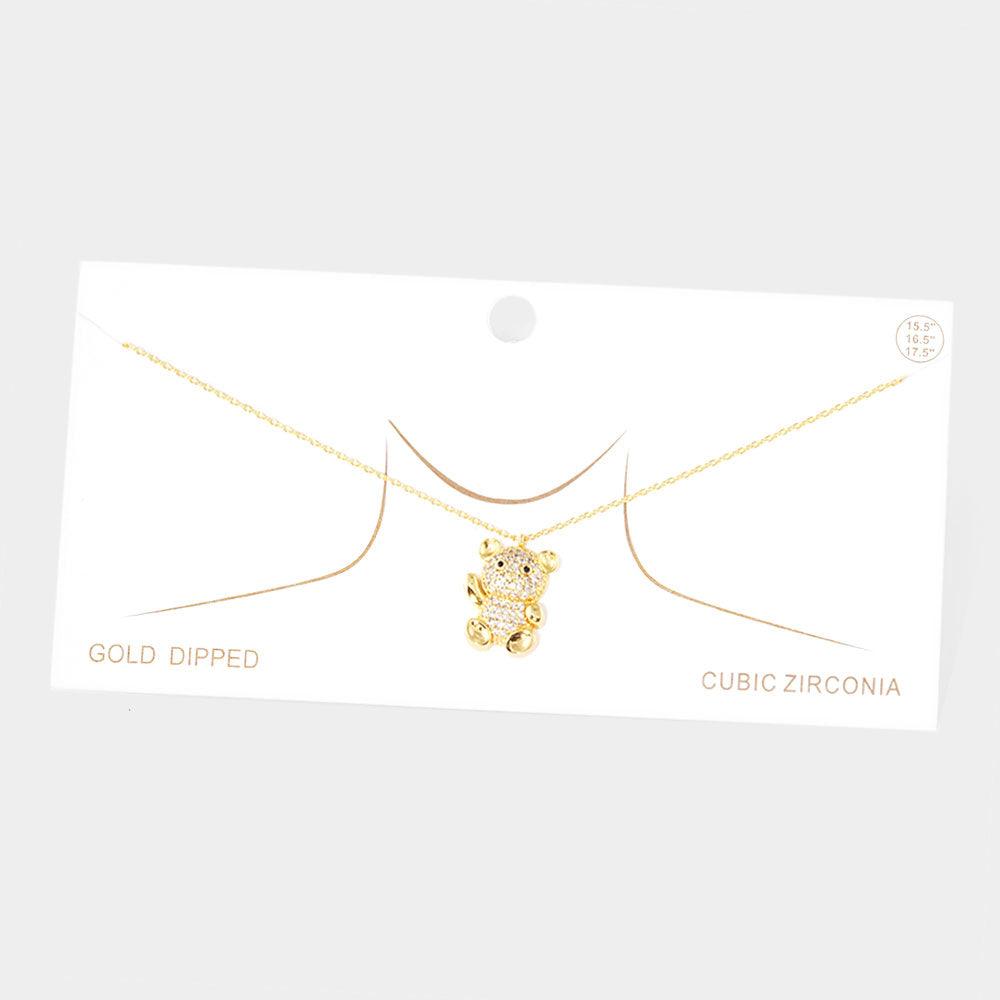 Gold Gold Dipped CZ Embellished Metal Bear Pendant Necklace