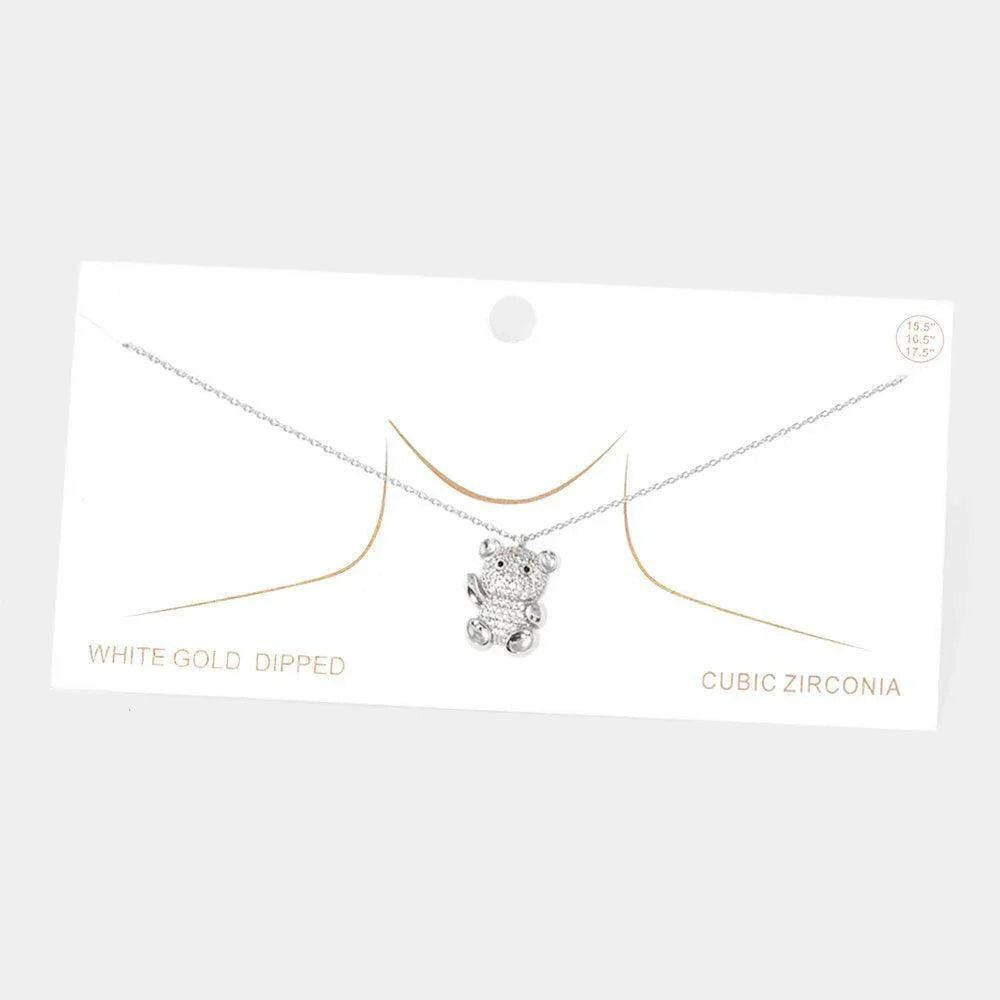 Gold White Gold Dipped CZ Embellished Metal Bear Pendant Necklace - Jewelry Store by Erik Rayo