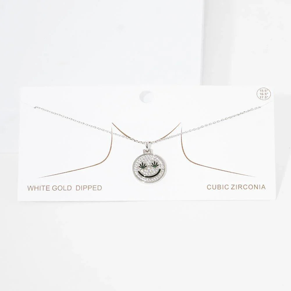 Gold White Gold Dipped Hemp Leaf Pointed CZ Smile Pendant Necklace - Jewelry Store by Erik Rayo