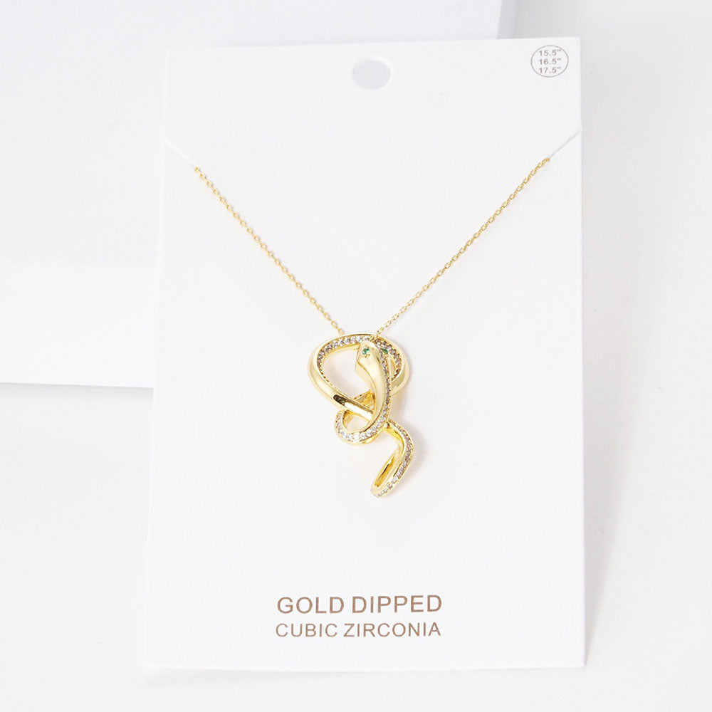 Gold Gold Dipped CZ Embellished Metal Snake Pendant Necklace