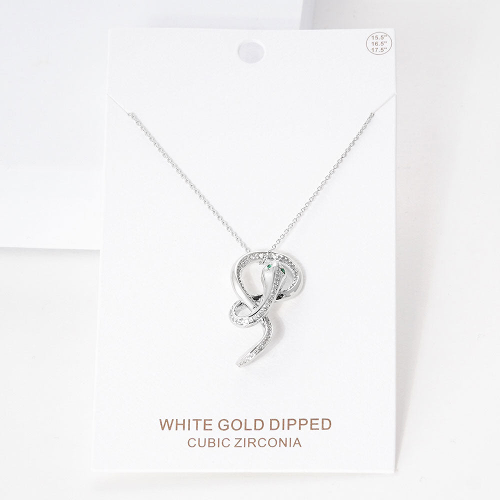 Gold White Gold Dipped CZ Embellished Metal Snake Pendant Necklace