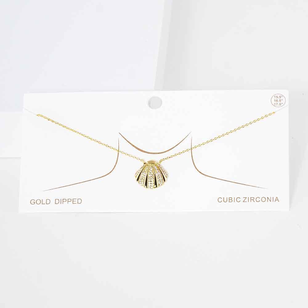 Gold Gold Dipped CZ Embellished Metal Shell Pendant Necklace - Jewelry Store by Erik Rayo