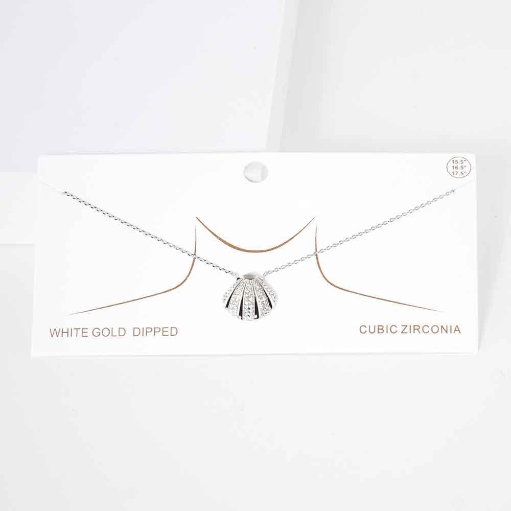 Gold White Gold Dipped CZ Embellished Metal Shell Pendant Necklace - Jewelry Store by Erik Rayo