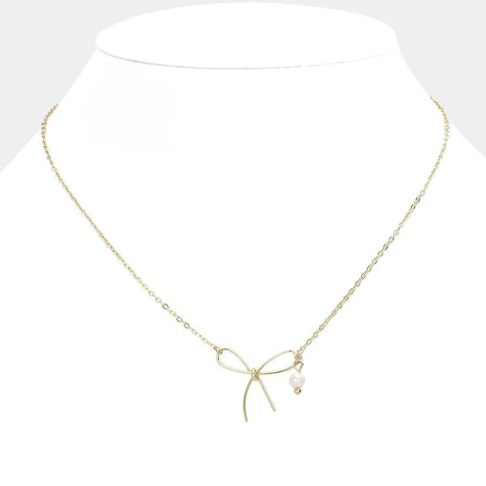 Gold Pearl Pointed Metal Wire Bow Pendant Necklace - Jewelry Store by Erik Rayo