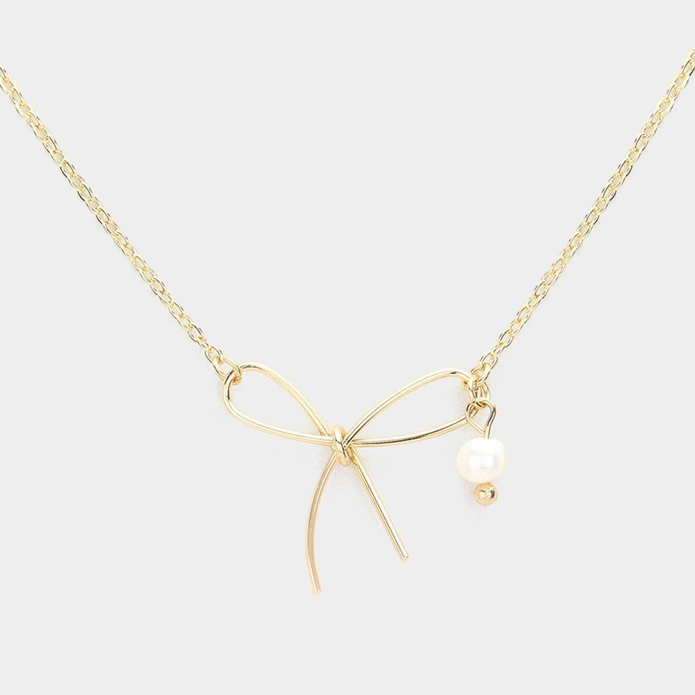 Gold Pearl Pointed Metal Wire Bow Pendant Necklace - Jewelry Store by Erik Rayo