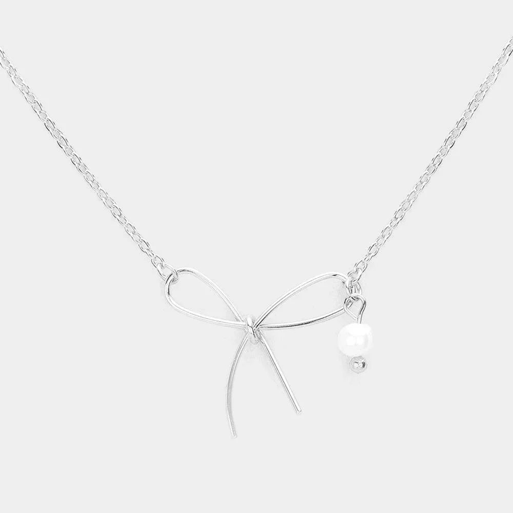Silver Pearl Pointed Metal Wire Bow Pendant Necklace - Jewelry Store by Erik Rayo