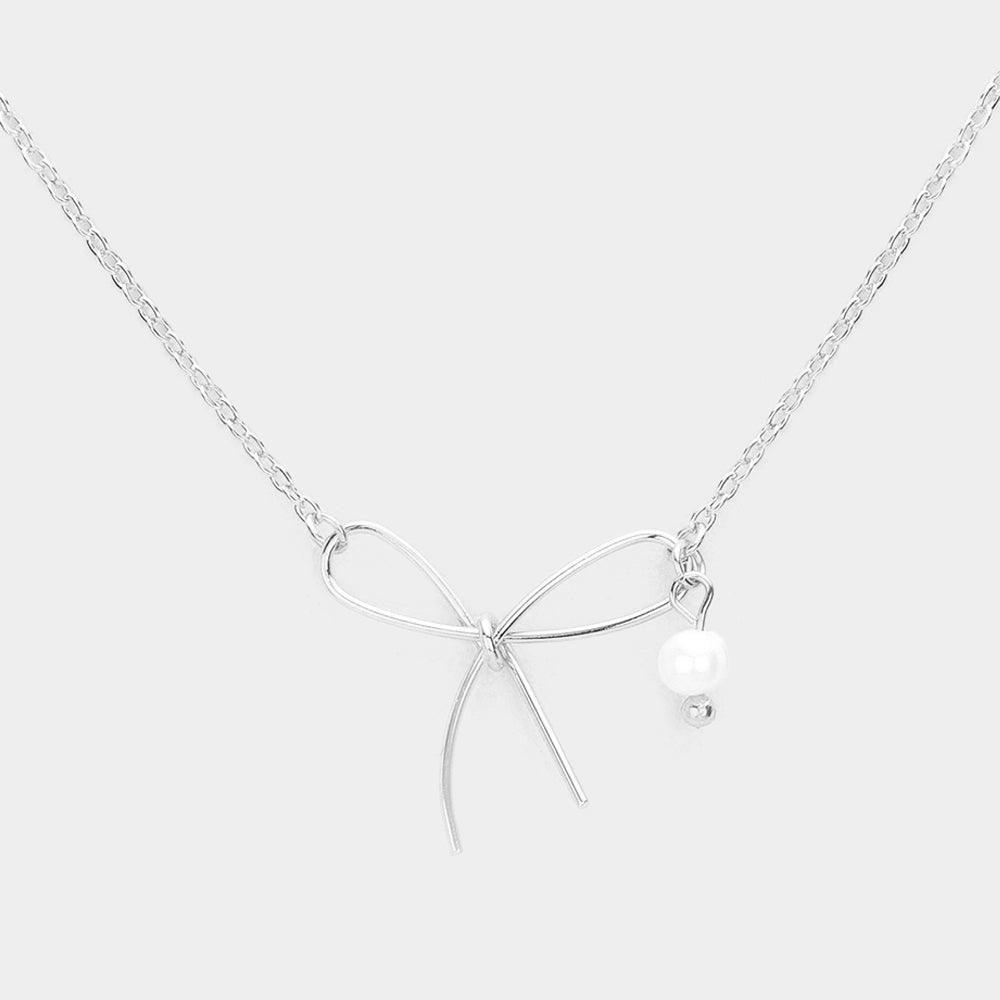 Silver Pearl Pointed Metal Wire Bow Pendant Necklace