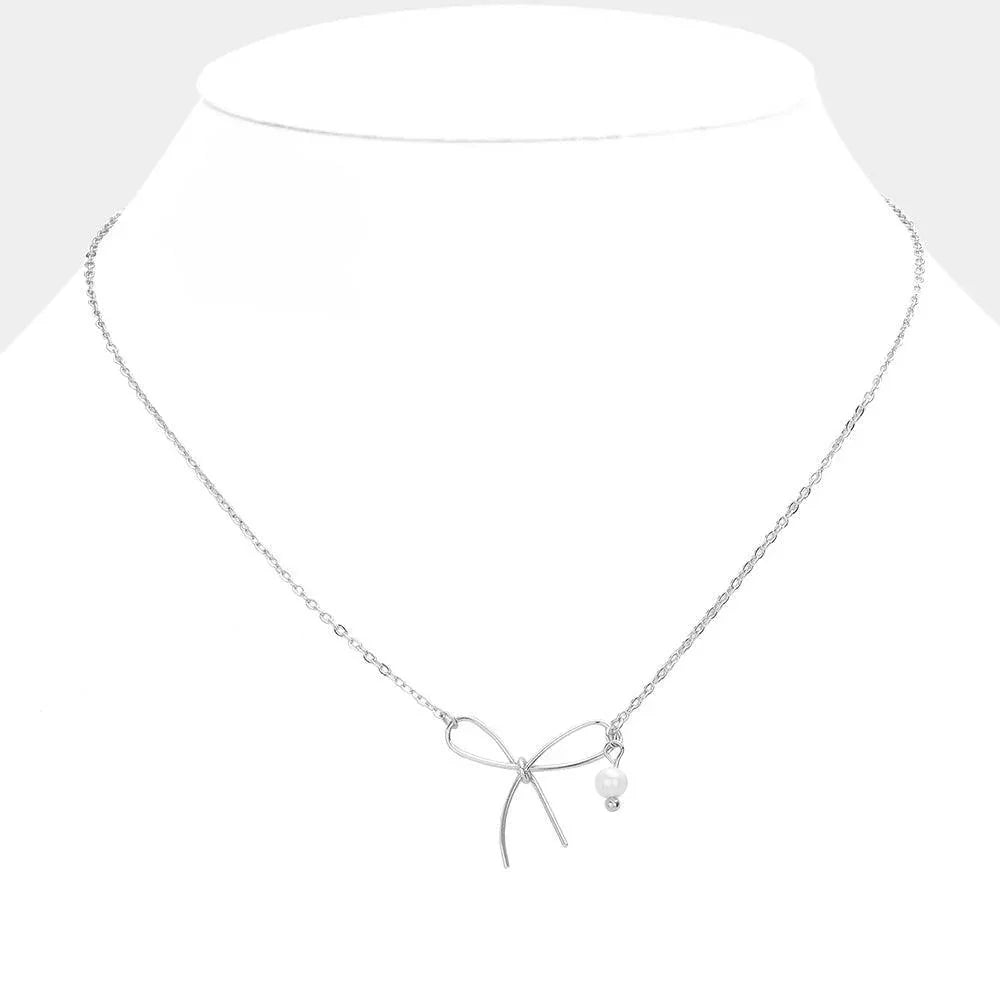 Silver Pearl Pointed Metal Wire Bow Pendant Necklace - Jewelry Store by Erik Rayo
