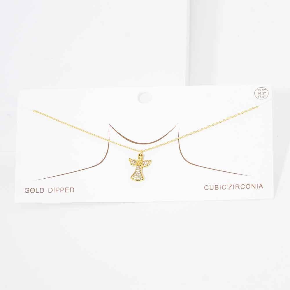 Gold Gold Dipped CZ Embellished Metal Angel Pendant Necklace - Jewelry Store by Erik Rayo