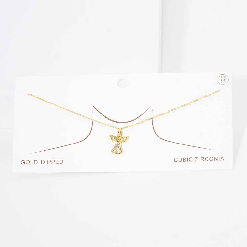 Gold Gold Dipped CZ Embellished Metal Angel Pendant Necklace