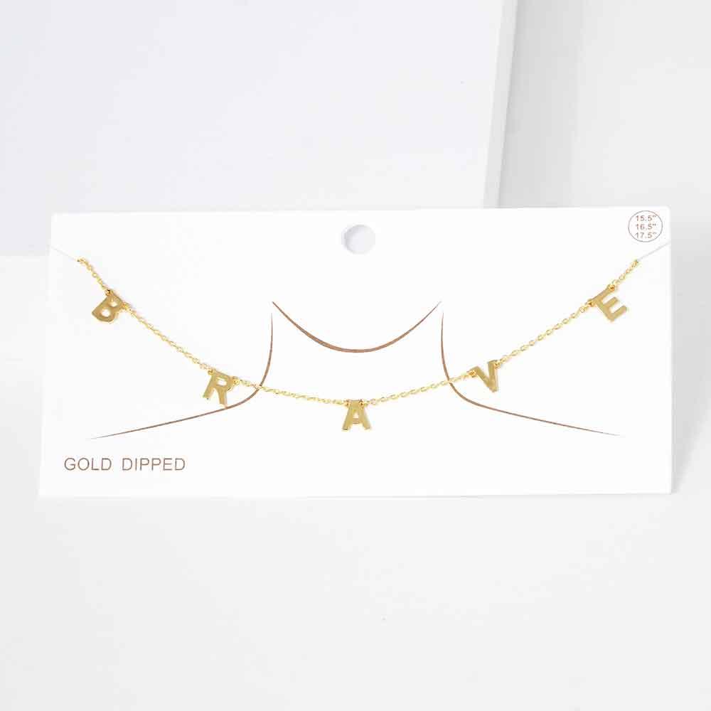 Gold BRAVE Gold Dipped Metal Message Pendant Station Necklace