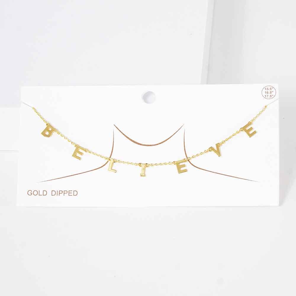 Gold BELIEVE Gold Dipped Metal Message Pendant Station Necklace