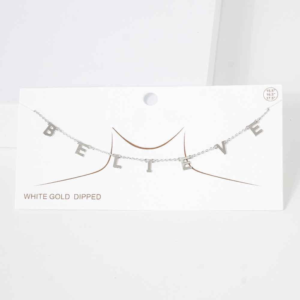 Gold BELIEVE White Gold Dipped Metal Message Pendant Station Necklace - Jewelry Store by Erik Rayo