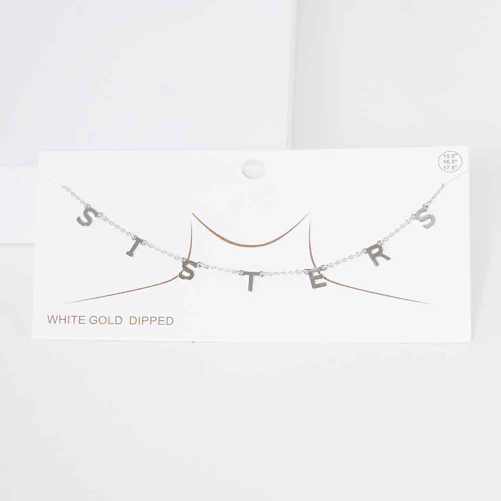 Gold SISTERS White Gold Dipped Metal Message Pendant Station Necklace - Jewelry Store by Erik Rayo
