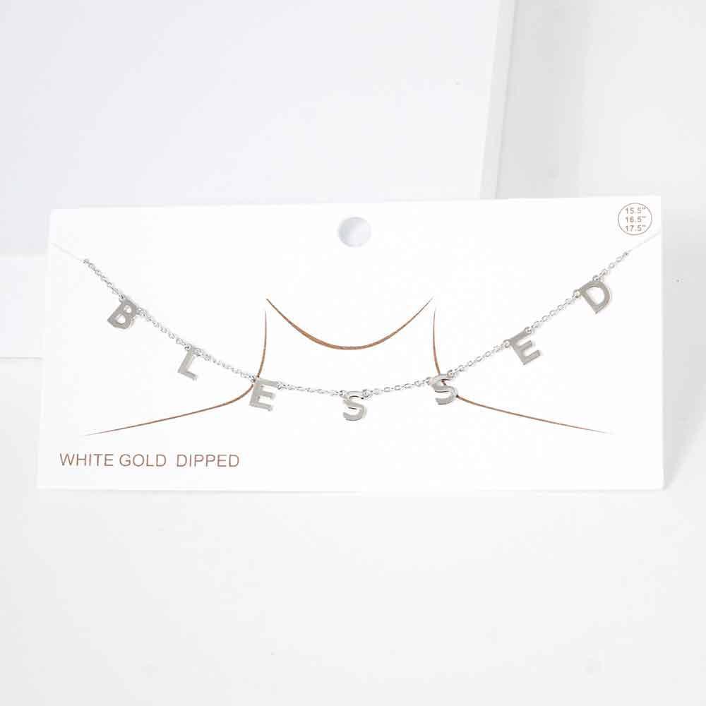 Gold BLESSED White Gold Dipped Metal Message Pendant Station Necklace - Jewelry Store by Erik Rayo