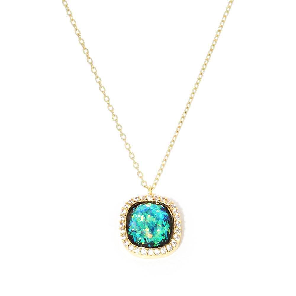Green Gold Dipped CZ Trimmed Glittered Square Pendant Necklace - Jewelry Store by Erik Rayo