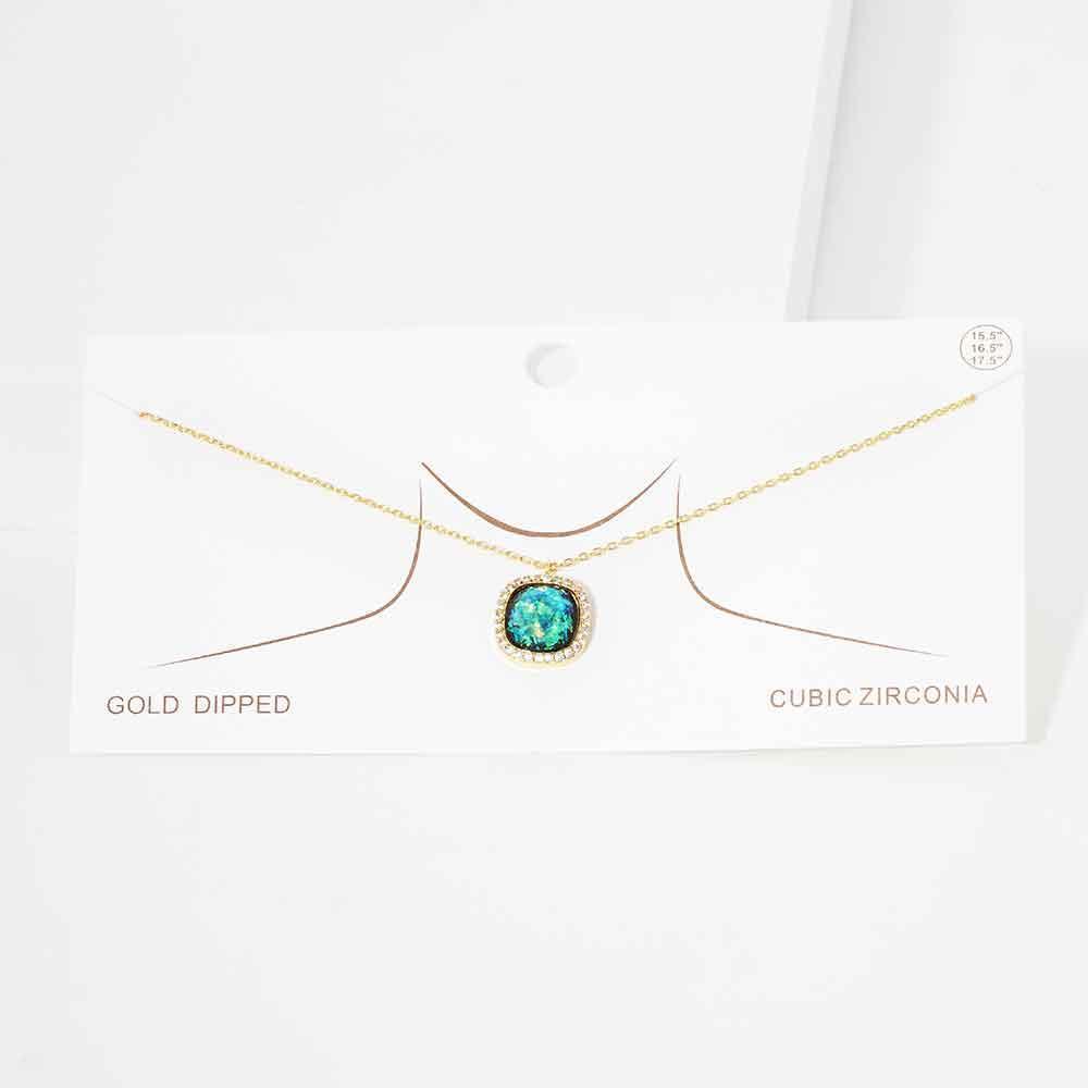 Green Gold Dipped CZ Trimmed Glittered Square Pendant Necklace - Jewelry Store by Erik Rayo
