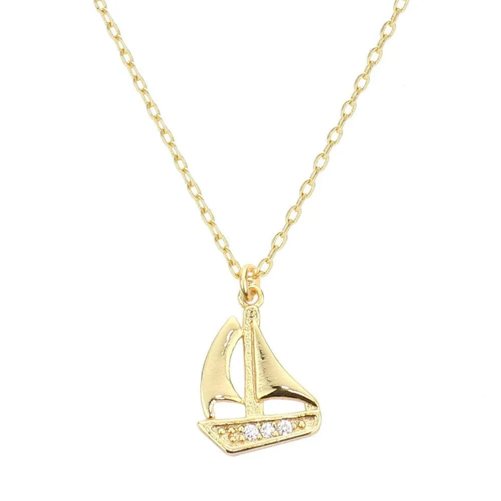 Gold Gold Dipped CZ Embellished Sailboat Pendant Necklace - Jewelry Store by Erik Rayo