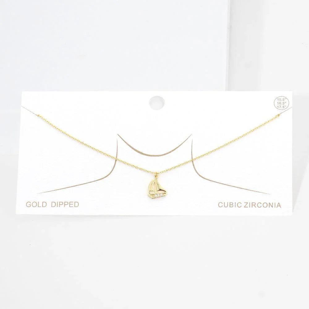 Gold Gold Dipped CZ Embellished Sailboat Pendant Necklace - Jewelry Store by Erik Rayo