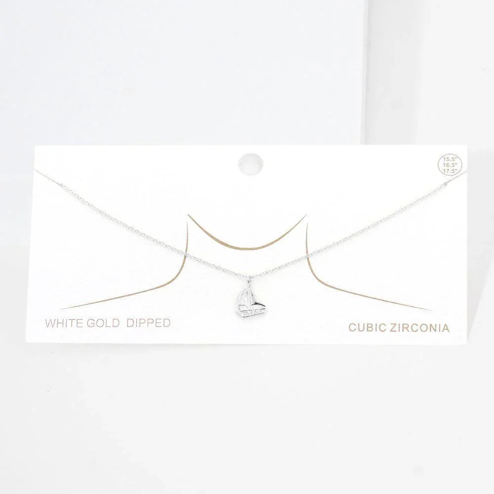 Gold White Gold Dipped CZ Embellished Sailboat Pendant Necklace - Jewelry Store by Erik Rayo