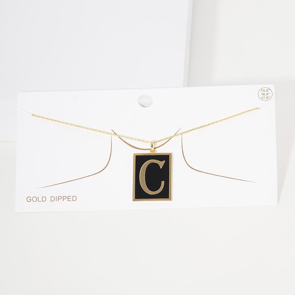 Gold -C- Gold Dipped Enamel Rectangle Monogram Pendant Necklace