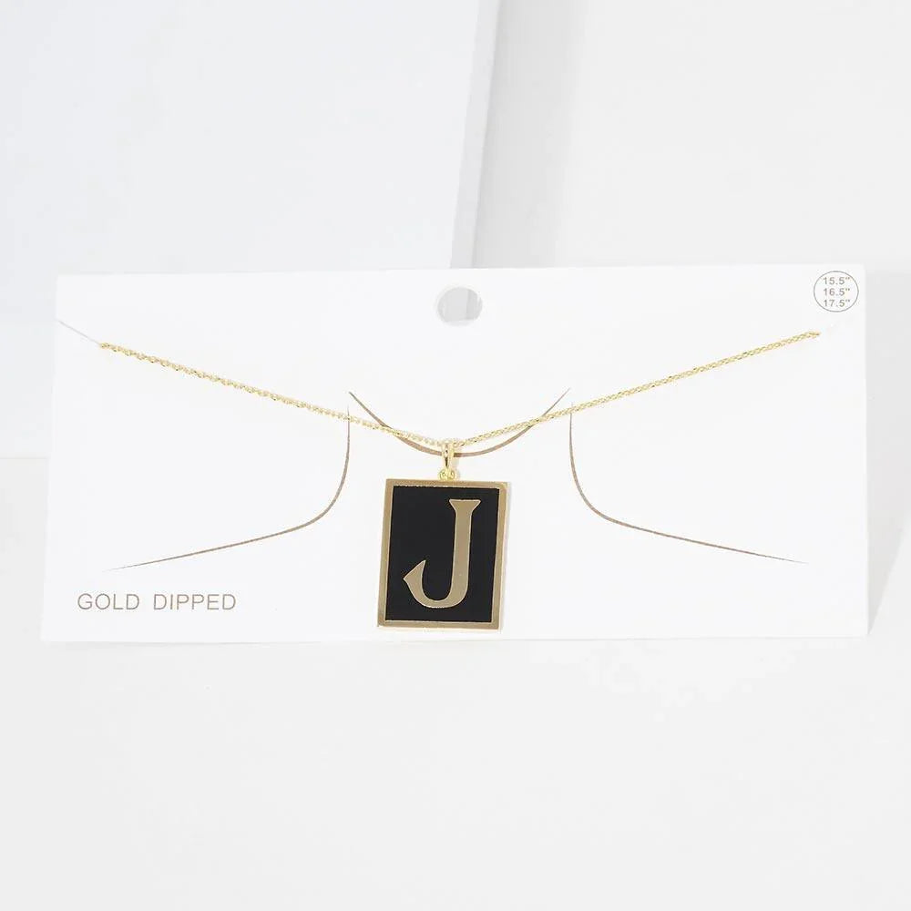 Letter J Gold Dipped Enamel Rectangle Monogram Pendant Necklace - Jewelry Store by Erik Rayo