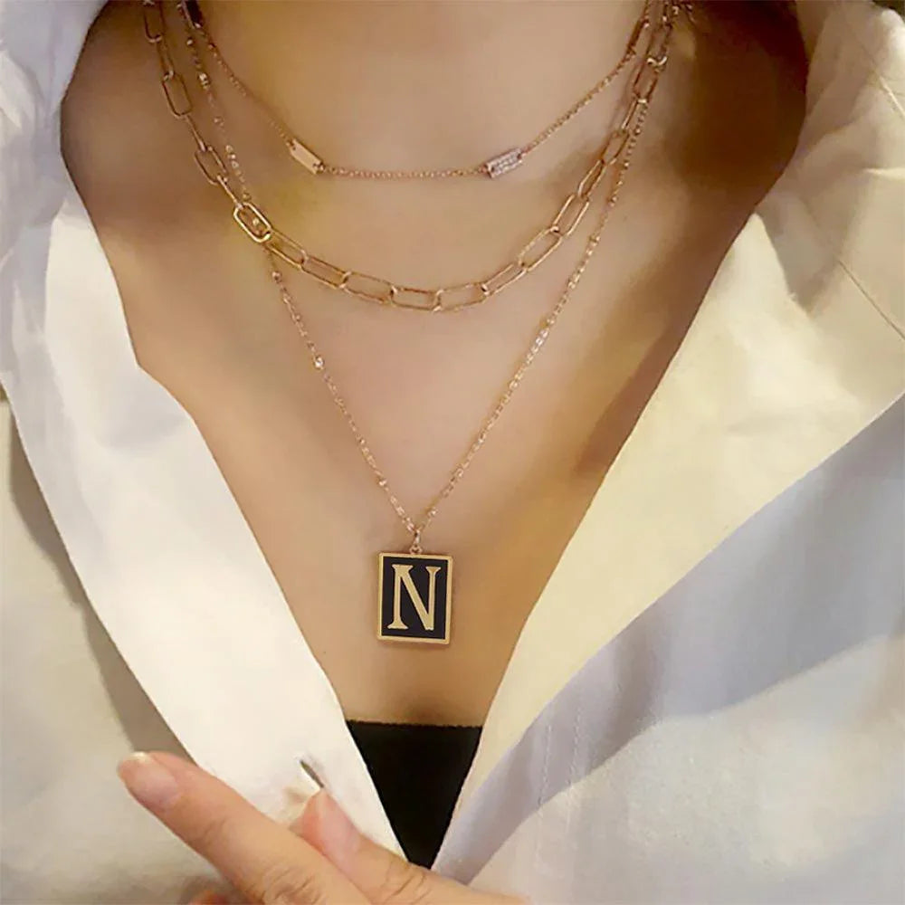 Letter N Gold Dipped Enamel Rectangle Monogram Pendant Necklace - Jewelry Store by Erik Rayo