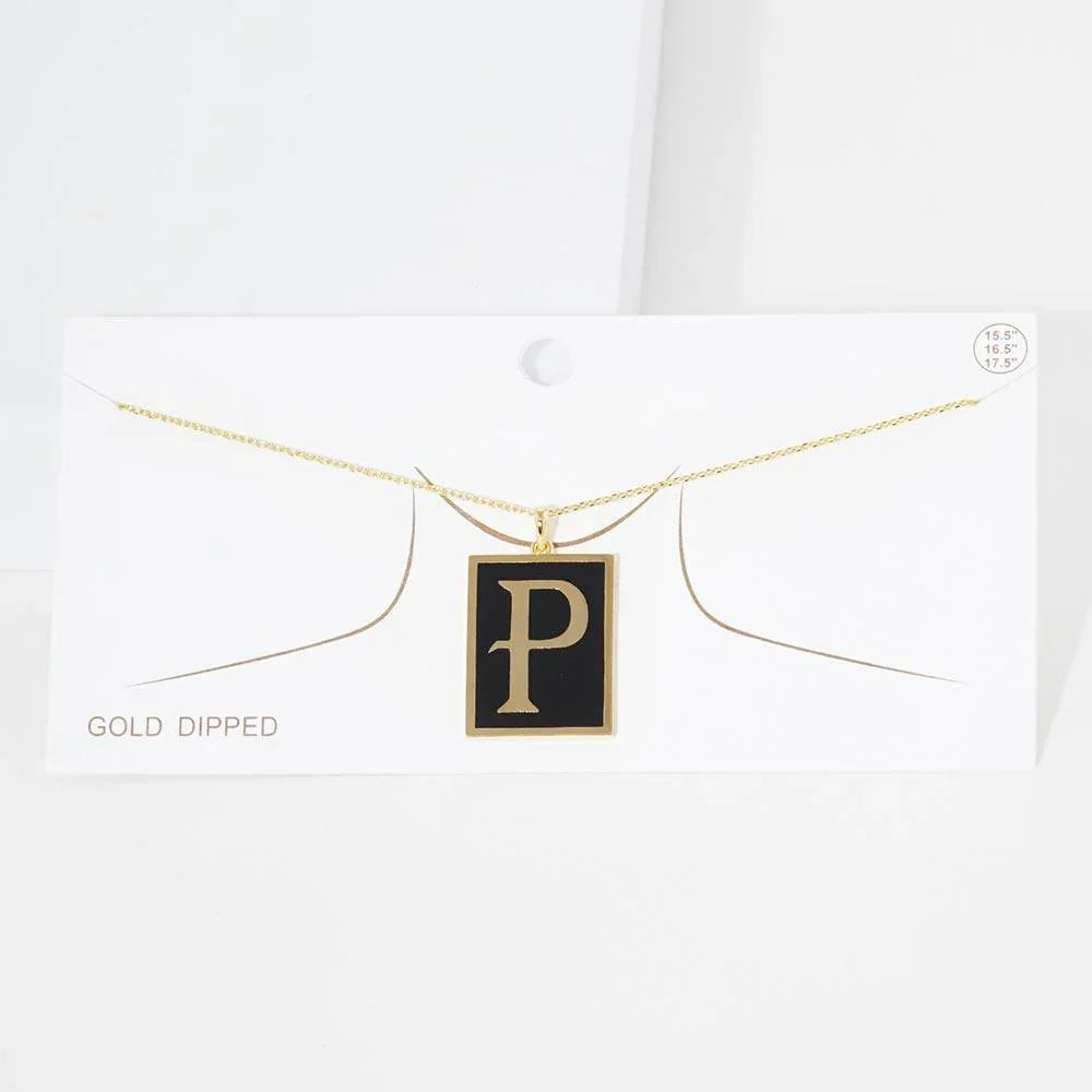 Letter P Gold Dipped Enamel Rectangle Monogram Pendant Necklace - Jewelry Store by Erik Rayo
