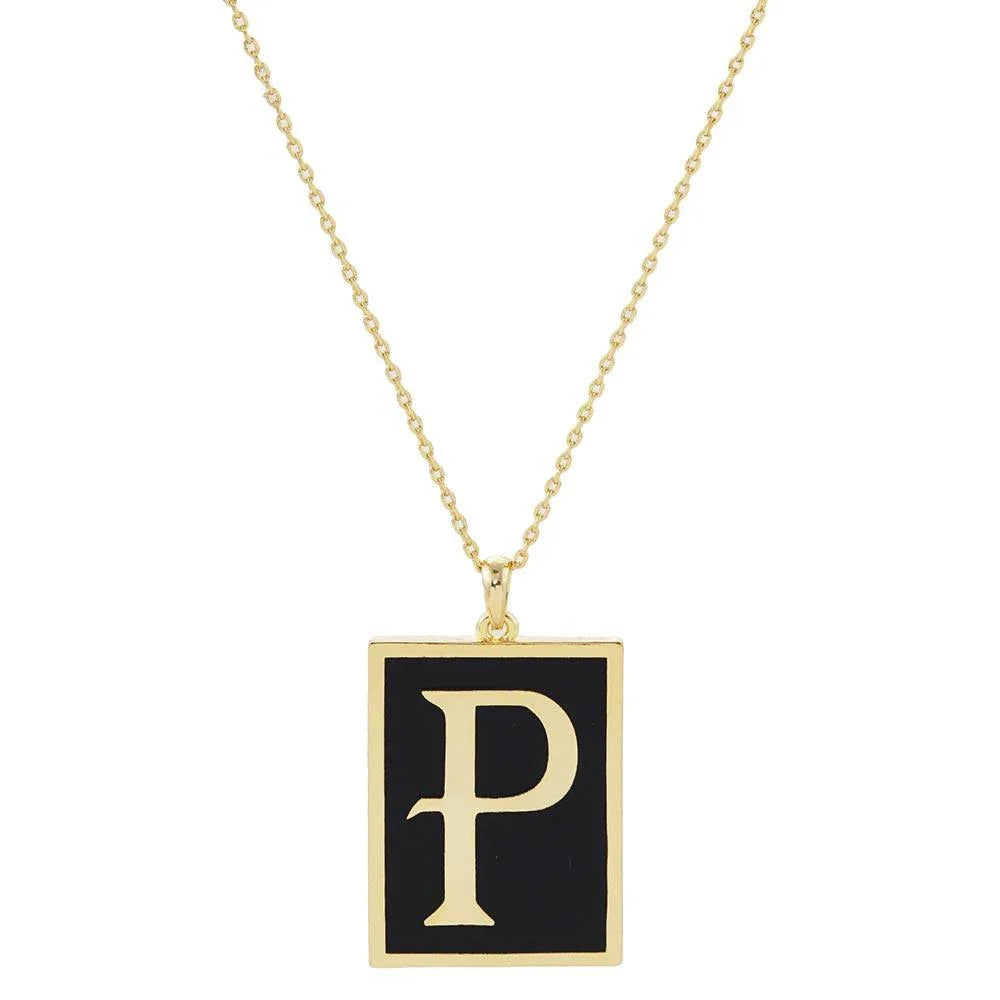 Letter P Gold Dipped Enamel Rectangle Monogram Pendant Necklace - Jewelry Store by Erik Rayo