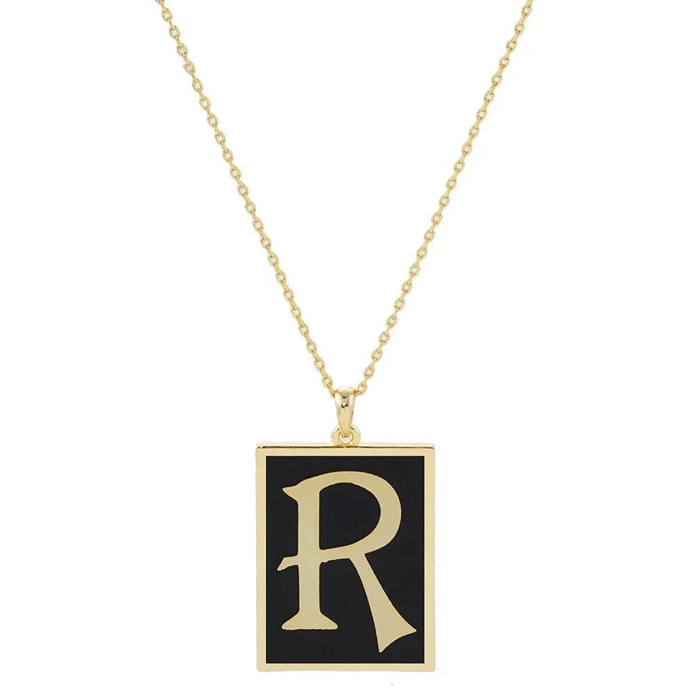 Gold -R- Gold Dipped Enamel Rectangle Monogram Pendant Necklace - Jewelry Store by Erik Rayo