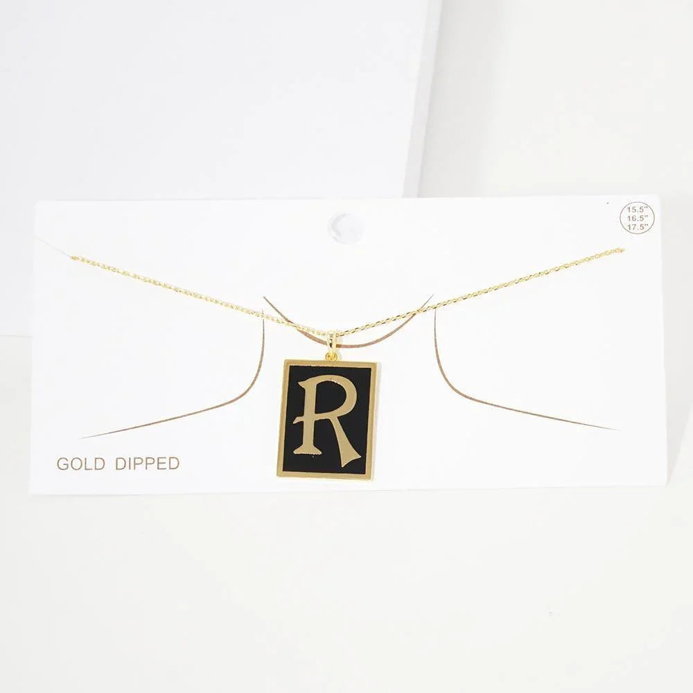 Gold -R- Gold Dipped Enamel Rectangle Monogram Pendant Necklace - Jewelry Store by Erik Rayo